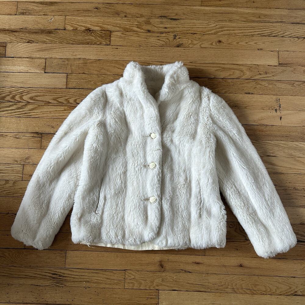 1960s Vintage Mincara Faux Fur Jacket Womens Ivory White Cropped Mod Coat M